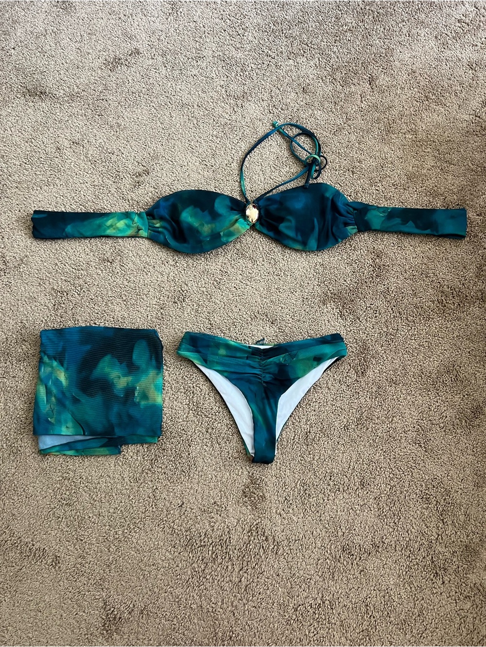 Fashion Nova Teal Green Marble Bandeau Bikini Set with Sarong